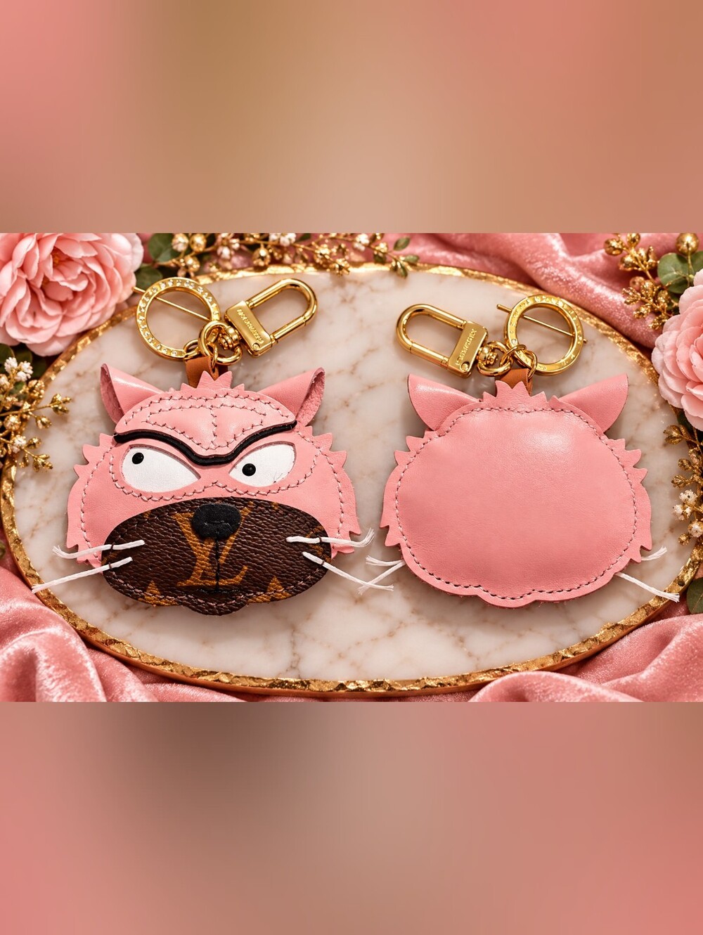 NEW Louis Vuitton Pink Cat Face Leather Keychain Bag Charm Designer Style
